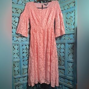 Pink Cotton Muslin Lace dress with bell sleeves by Suzanne Betro NWT